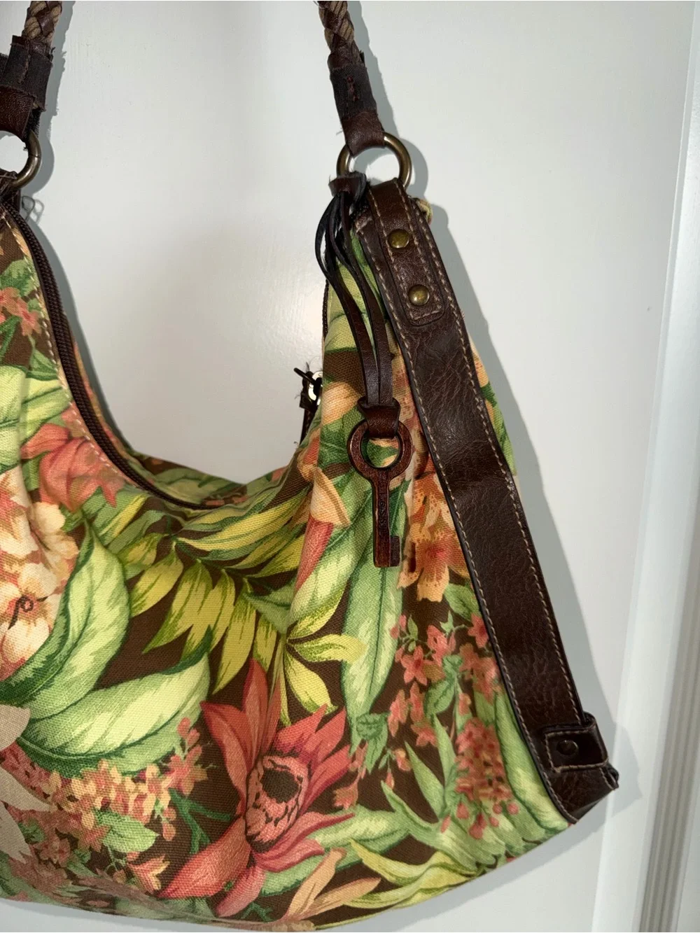 Vintage Fossil Floral Canvas Leather Hobo Bag Braided Strap Boho Y2K Purse
